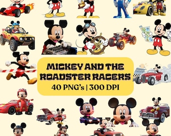 Mickey Mouse azul y los Roadster Racers (40 imágenes prediseñadas SVG y PNG), adorno para pastel de Mickey Roadster, regalos de Mickey Mouse Racers, sublimación de Mickey Mouse