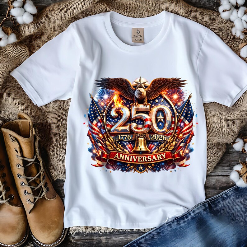 May include: White t-shirt featuring a colorful graphic celebrating a 250th anniversary. The design includes an eagle, American flags, fireworks, and the years 1776 and 2026. The word "ANNIVERSARY" is displayed on a red banner.