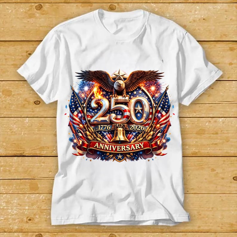 May include: White t-shirt featuring a patriotic design. The graphic includes an eagle, the number 250, American flags, and the text "1776-2026 Anniversary". The design incorporates red, white, blue, and gold colors.
