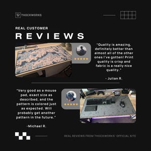 K&ouml;nnte beinhalten: Zwei Kundenrezensionen f&uuml;r eine gro&szlig;e, grau-rosa Tarnmuster-Mausmatte. Die erste Rezension lautet: "Die Qualit&auml;t ist fantastisch, deutlich besser als fast alle anderen, die ich bekommen habe! Die Druckqualit&auml;t ist gestochen scharf und der Stoff ist wirklich angenehm." Die zweite Rezension lautet: "Sehr gut als Mausmatte, die genaue Gr&ouml;&szlig;e wie beschrieben, und das Muster ist genau so gef&auml;rbt, wie erwartet. Ich werde wahrscheinlich in Zukunft noch ein anderes Muster kaufen."