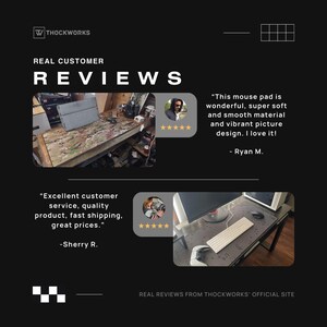 K&ouml;nnte beinhalten: Zwei Kundenbewertungen f&uuml;r ein Mauspad mit einem lebendigen Design. Die erste Bewertung lautet: "Dieses Mauspad ist wunderbar, super weich und glatt, mit einem lebendigen Bilddesign. Ich liebe es! - Ryan M.". Die zweite Bewertung lautet: "Exzellenter Kundenservice, hochwertiges Produkt, schneller Versand, tolle Preise. - Sherry R."
