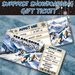 Snowboarding Surprise Ticket | Editable Snow Trip Voucher | Custom Winter Vacation Reveal | Printable Snowboard  Gift | Adventure Gift Card