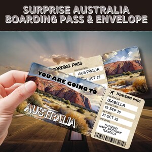 Bilhete de viagem surpresa para a Austrália | Cartão de embarque editável presente | Bilhete de voo personalizado | Presente de revelação de férias | Voucher de viagem de aniversário
