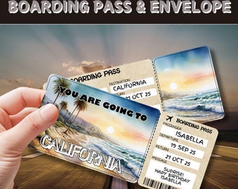 California, USA Trip Surprise Gift Ticket | Editable Boarding Pass | Custom Travel Voucher | Vacation Reveal Gift | California Getaway Pass