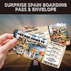 Verrassingsreisticket naar Spanje | Bewerkbaar instapkaartcadeau | Aangepaste reisvoucher | Vakantie onthullend cadeau | Cadeaukaartje voor verjaardagsavontuur