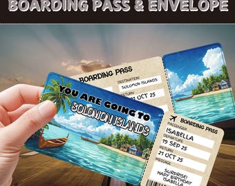 Solomon Islands Surprise Trip Ticket | Printable Boarding Pass | Editable Travel Voucher | Custom Vacation Reveal | Digital Download Gift