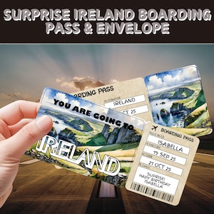 Billet pour un voyage surprise en Irlande | Cadeau carte d'embarquement modifiable | Billet d'avion personnalisé | Cadeau de fête des Fêtes | Bon de voyage pour anniversaire
