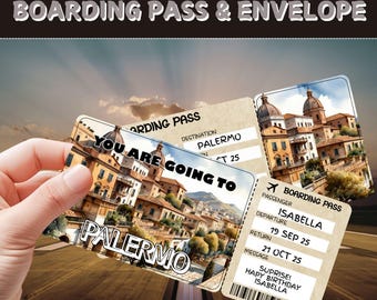 Surprise Trip Ticket to Palermo, Italy| Editable Boarding Pass Gif | Custom Travel Voucher | Vacation Reveal Gift |Birthday Adventure Ticket