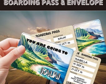 Kauai Surprise Trip Ticket | Editable Boarding Pass Template | Printable Travel Voucher | Hawaii Vacation Reveal Gift