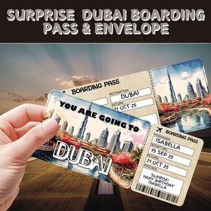 Billet voyage surprise pour Dubaï | Carte d'embarquement personnalisable | Billet d'avion personnalisé pour les Émirats arabes unis|  Cadeau de vacances | Bon de voyage pour anniversaire