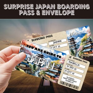 Billete de viaje sorpresa a Japón/Pase de abordar personalizado como regalo/Billete de avión personalizado/Regalo de revelación de vacaciones/Cupón de viaje de cumpleaños