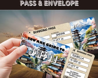 May include: A printable boarding pass for a trip to Japan. The pass features a watercolor illustration of a Japanese temple and cherry blossoms. The text on the pass reads "You are going to Japan" and "Surprise! Happy Birthday Isabella".