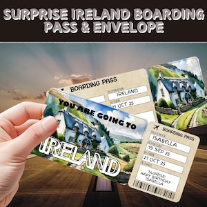 Billet pour un voyage surprise en Irlande | Cadeau carte d'embarquement modifiable | Billet d'avion personnalisé | Cadeau de fête des Fêtes | Bon de voyage pour anniversaire
