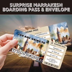 Bilhete de viagem surpresa para Marrakesh | Cartão de embarque editável presente | Voucher de viagem personalizado | Presente de revelação de férias | Bilhete de aventura de aniversário