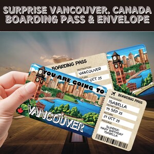 Billet pour un voyage surprise à Vancouver, Canada | Carte d'embarquement personnalisable | Bon de voyage | Révélation des vacances | Expérience aventure d'anniversaire