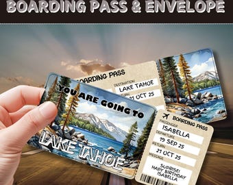 Lake Tahoe CA-USA Trip Surprise Gift Ticket | Editable Boarding Pass |Custom Travel Voucher |Vacation Reveal Gift |Birthday Adventure Ticket