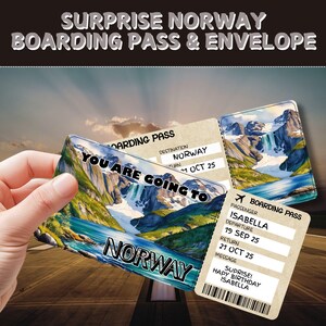 Cadeau surprise pour les vacances en Norvège | Carte d'embarquement personnalisable | Bon de voyage personnalisé | révélation escapade nordique | Cadeau d'aventure
