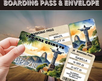 Surprise Trip Ticket to Brazil | Editable Boarding Pass Gift | Custom Travel Voucher | Vacation Reveal Gift | Birthday Adventure Ticket