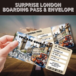 Billet pour un voyage surprise à Londres | Cadeau carte d'embarquement modifiable | Billet d'avion personnalisé | Cadeau de fête des Fêtes | Bon de voyage surprise d'anniversaire