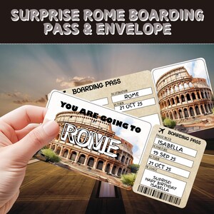 Bilhete de viagem surpresa para Roma | Cartão de embarque editável presente | Bilhete de voo personalizado | Presente de revelação de férias | Voucher de viagem de aniversário