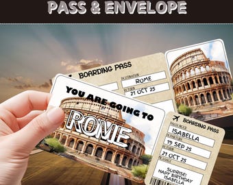 Rome Surprise Trip Ticket | Editable Boarding Pass Gift (Digital Download)