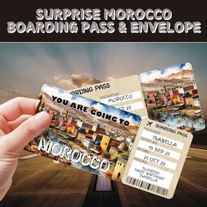 Billet pour un voyage surprise au Maroc | Cadeau carte d'embarquement modifiable | Bon de voyage personnalisé | Cadeau de fête des vacances | Billet aventure anniversaire