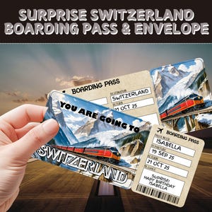 Bilhete de viagem surpresa para a Suíça | Cartão de embarque editável presente | Bilhete de voo personalizado | Presente de revelação de férias | Voucher de viagem de aniversário