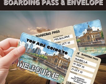 Surprise Trip Ticket to Melbourne| Customizable Boarding Pass Gift |Personalized Flight Ticket| Vacation Reveal Present