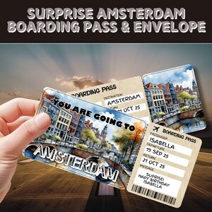 Bilhete de viagem surpresa para Amsterdã | Cartão de embarque editável presente | Bilhete de voo personalizado | Presente de revelação de férias | Voucher de viagem de aniversário