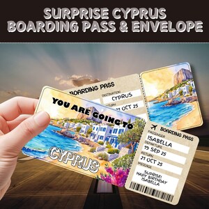 Billet pour un voyage surprise à Chypre| Carte d'embarquement personnalisable| Bon de voyage personnalisé| Cadeau de fête des Fêtes| Expérience aventure d'anniversaire