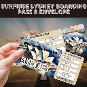 Billet pour un voyage surprise à Sydney| Cadeau carte d'embarquement personnalisable |Billet d'avion personnalisé| Cadeau de fête pour les vacances|Bon de voyage d'anniversaire