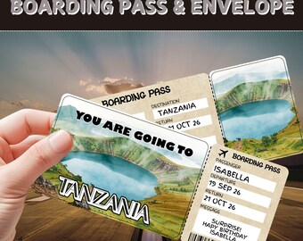Surprise Trip Ticket to Tanzania | Editable Boarding Pass Template | Safari Vacation Reveal | Printable Travel Voucher