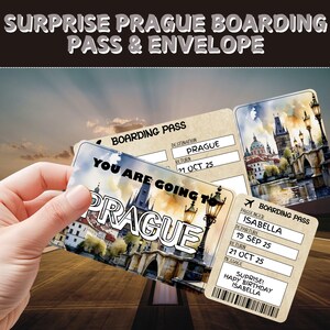 Billete de viaje sorpresa a Praga / Tarjeta de embarque de regalo editable / Billete de avión personalizado / Regalo de revelación de vacaciones / Vale de viaje de cumpleaños
