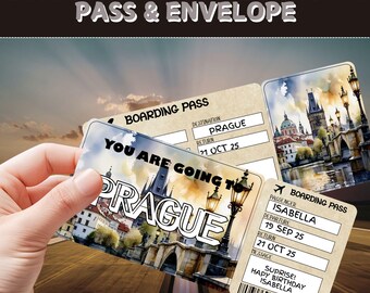 Surprise Prague Trip Ticket | Editable Boarding Pass Gift (Digital Download)