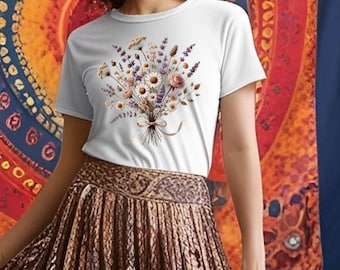 Vintage Pressed Flower Bouquet T- Shirt, Boho cottagecore shirt, Botanical Floral Tee, Wildflower Tee, Gift for mom Flower or Garden Lover,