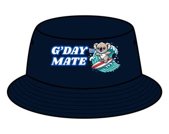 G'DAY MATE  AUSSIE, Koala Bucket Hat, Cute Animal Beach Hat, Summer Fun Cap, Tropical Vacation Accessory, surfing Koala Headwear