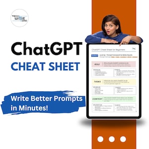 Könnte beinhalten: Ein blaues und weißes Spickzettel mit dem Text "ChatGPT Cheat Sheet" und "Write Better Prompts in Minutes!"  Der Spickzettel bietet einen Rahmen für das Schreiben besserer Eingabeaufforderungen für ChatGPT, einschließlich Abschnitten zu Rolle, Aufgaben und Kontext.