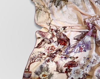 Floral Jacquard Silk Scarf: Garden of Aromas, Hand-Rolled Edges