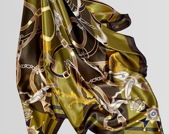 Large Crepe Satin Silk Scarf | Equestrian Print Shawl, Hand-Rolled