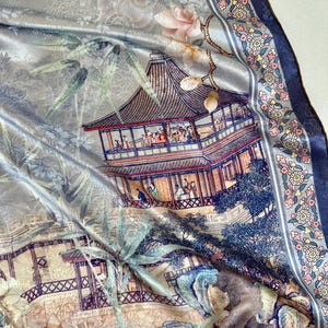 Natural Silk Scarf Jacquard Scarf Blooming City with double-sided print and hand-rolled edges | 100% Silk | Large Size Silk Scarf