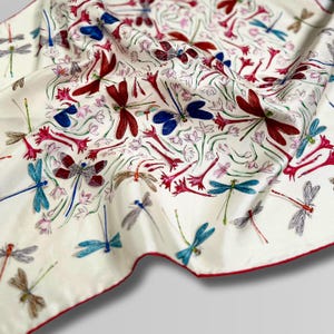 Natural Silk Scarf Twill Scarf Dragonfly with hand-rolled edges | 100% silk | Small size silk scarf