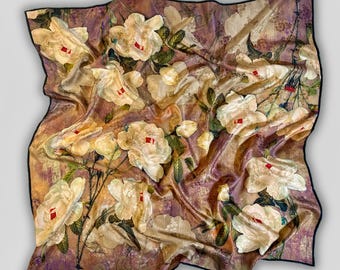 White Peony Silk Scarf: Jacquard Double-Sided Print, Hand-Rolled Edges