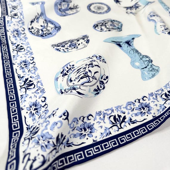 Natural Silk Twill Scarf: Blue & White Porcelain Print, Hand 