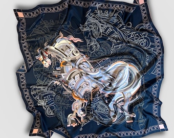 Oversized Twill Silk Scarf | Abstract Horse Art, Navy Equestrian Wrap