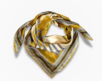 Silk Crepe Satin Scarf 90x90 | Equestrian Print, Hand-Rolled Edge