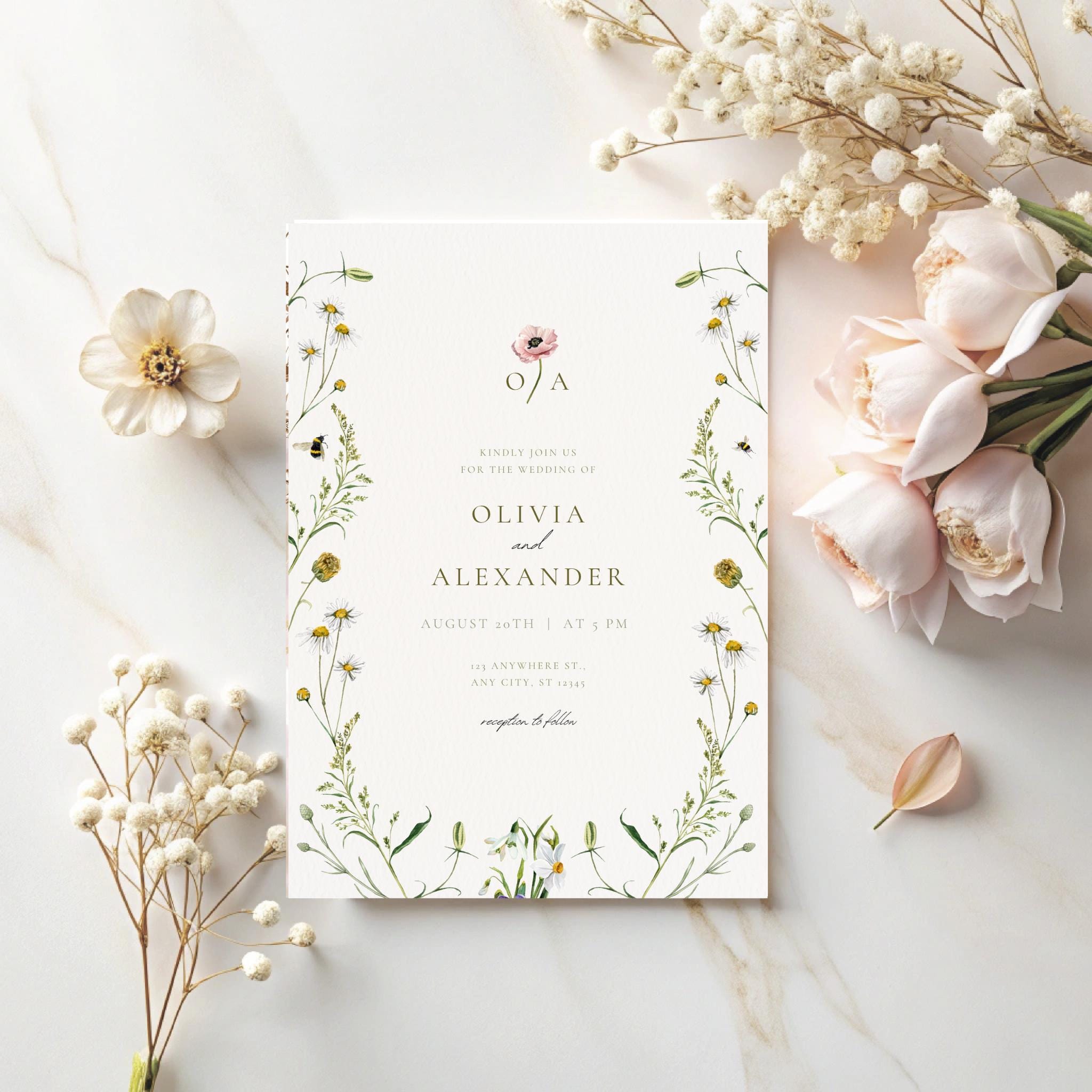 Elegant Wedding Card Invitation, Minimalist Floral Wedding Invitation | Editable Canva Template | Digital Download | Customizable Printable