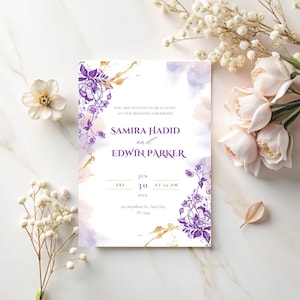 Elegant Wedding Card Invitation, Lavender Floral Wedding Invitation Template, Printable Boho Purple Wedding Invite, Watercolor Gold Wedding