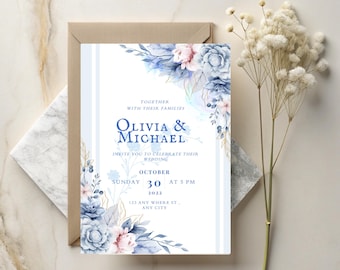 Classic Minimalist Blue Floral Wedding Invitation Template | Elegant Blue & Blush Wedding Card | Editable Canva Template | Digital Download
