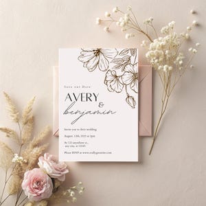 Elegante canvassjabloon huwelijksuitnodiging | 5 x 7 Save the Date + 5 x 3,5 RSVP-kaart | Bewerkbare digitale download | Minimalistisch bloemenontwerp