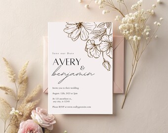 Elegant Wedding Invitation Canva Template | 5x7 Save the Date + 5x3.5 RSVP Card | Editable Digital Download | Floral Minimalist Design